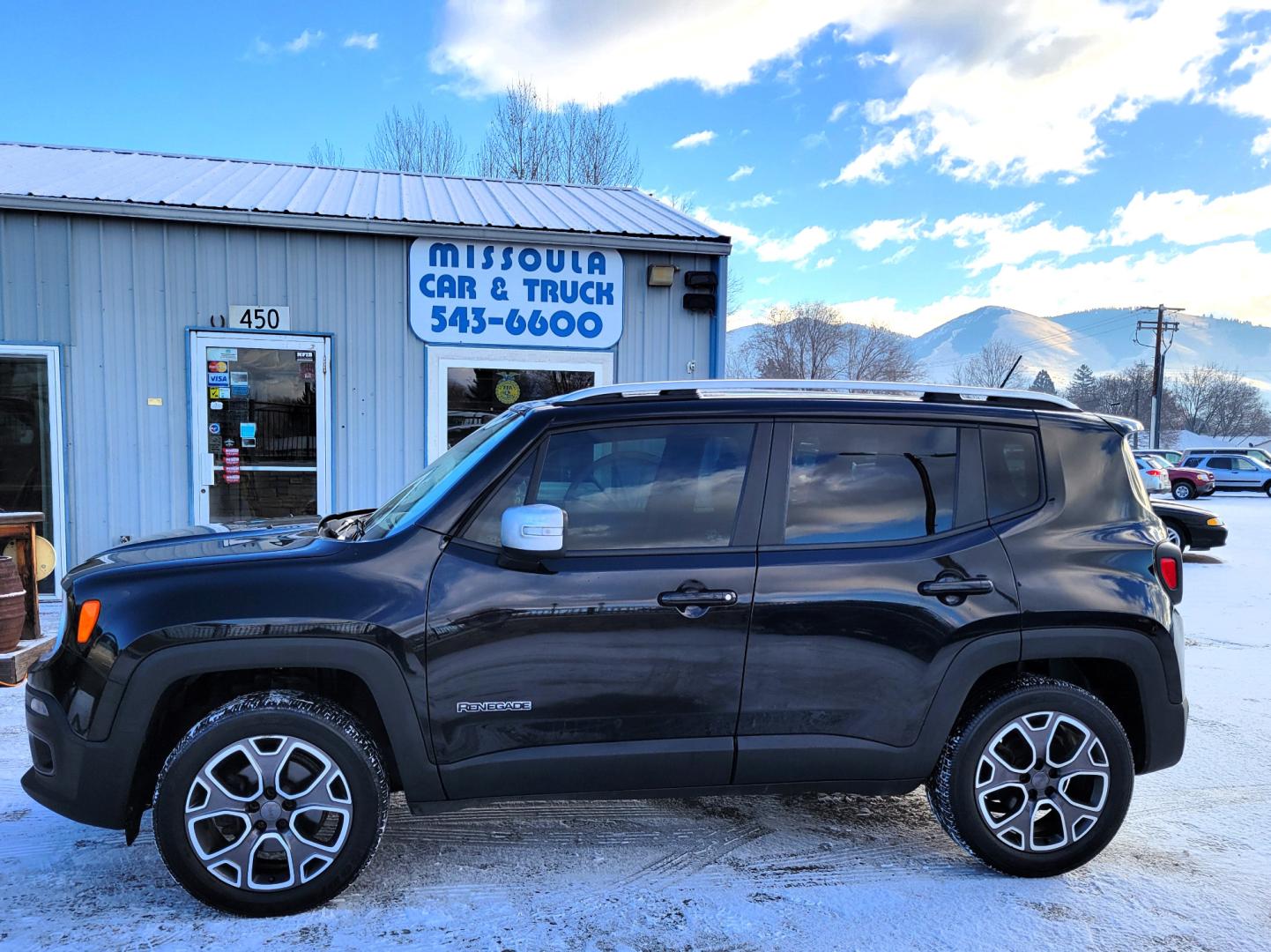 2015 Black /Black Jeep Renegade Limited (ZACCJBDT7FP) with an 2.4L I4 engine, 8 Speed Automatic transmission, located at 450 N Russell, Missoula, MT, 59801, (406) 543-6600, 46.874496, -114.017433 - 4 Wheel Drive. Automatic Transmission. Navigation. Heated Power Seats. Air. Cruise. Tilt. Backup Camera. AM FM XM. Bluetooth. Power Windows and Locks. Remote Start. - Photo#0